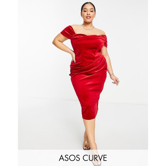 NWT Asos Design Curve Size 20 Drape Bardot Corset Red Velvet Pencil Midi Dress - Picture 1 of 15